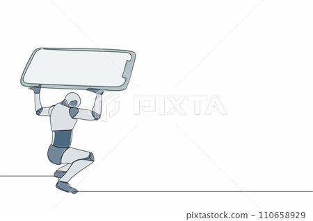 Continuous one line drawing tired robot carrying heavy smartphone on his back. Frustration due to overworked in tech industry. Robotic artificial intelligence. Single line design vector illustration 110658929