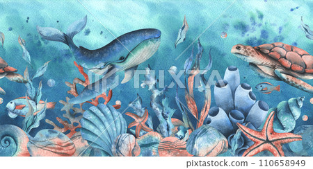 Underwater world clipart with sea animals whale, turtle, octopus, seahorse, starfish, shells, coral and algae. Hand drawn watercolor illustration. Seamless border on a marine background. 110658949
