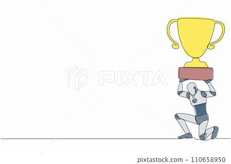 Continuous one line drawing tired robot carrying heavy trophy on his back. Robot fail to achieve goals. Delayed operation at factory. Future robotic development. Single line design vector illustration Continuous one line drawing tired robot carrying heavy trophy on his back. Robot fail to achieve goals. Delayed operation at factory. Future robotic development. Single line design vector illustration 110658950