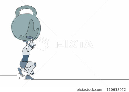 Single continuous line drawing tired robot carrying heavy kettlebell on his back. Financial crisis and credit payment. Technology artificial intelligence. One line graphic design vector illustration 110658952