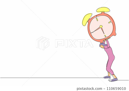 Single one line drawing Arab businesswoman carrying heavy alarm clock on her back. Pressure to complete work deadlines. Stressed worker because lot of work. Continuous line design vector illustration 110659010