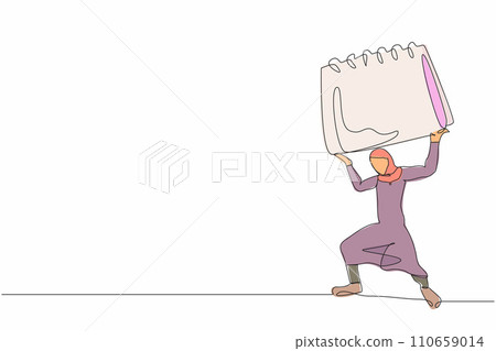 Single continuous line drawing Arab businesswoman carrying heavy calendar on her back. Tired worker with schedule problem. Stressful job with deadline. One line draw graphic design vector illustration 110659014