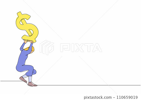 Continuous one line drawing Arab businesswoman carrying heavy dollar symbol on her back. Overloaded worker, difficult burden and debt pressure. Economic crisis. Single line design vector illustration Continuous one line drawing Arab businesswoman carrying heavy dollar symbol on her back. Overloaded worker, difficult burden and debt pressure. Economic crisis. Single line design vector illustration 110659019