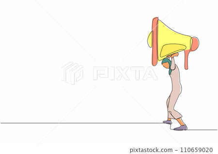 Single continuous line drawing Arabian businesswoman carrying heavy megaphone on her back. Conflict and trouble in communication. Bullying, harassment at work. One line draw design vector illustration Single continuous line drawing Arabian businesswoman carrying heavy megaphone on her back. Conflict and trouble in communication. Bullying, harassment at work. One line draw design vector illustration 110659020