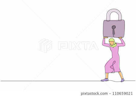 Single one line drawing Arab businesswoman carrying heavy padlock on her back. Business closing down or bankruptcy in Covid-19 pandemic lockdown crisis. Continuous line draw design vector illustration 110659021
