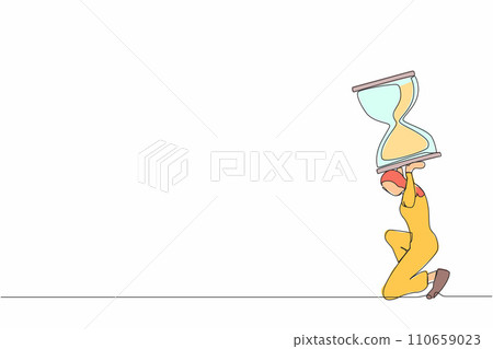 Continuous one line drawing Arabian businesswoman carrying heavy hourglass on her back. Unhappy office clerk has time management problems. Work overload. Single line design vector graphic illustration Continuous one line drawing Arabian businesswoman carrying heavy hourglass on her back. Unhappy office clerk has time management problems. Work overload. Single line design vector graphic illustration 110659023
