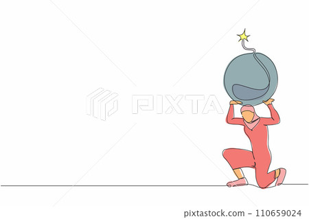 Single one line drawing Arabian businesswoman carrying heavy bomb on her back. Stressed office employee due to debt explosion. Financial crisis problem. Continuous line draw design vector illustration 110659024