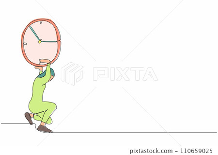 Single continuous line drawing Arab businesswoman carrying heavy clock on her back. Stressed complete work within deadline and timeline. Work under pressure. One line draw design vector illustration Single continuous line drawing Arab businesswoman carrying heavy clock on her back. Stressed complete work within deadline and timeline. Work under pressure. One line draw design vector illustration 110659025