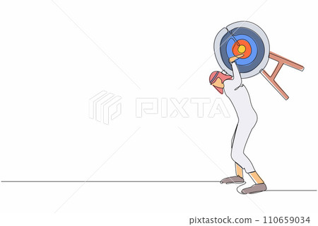 Single continuous line drawing Arabian businessman carrying heavy bullseye target on his back. Hard work achieve business mission. Exhausted challenge to win. One line draw design vector illustration 110659034