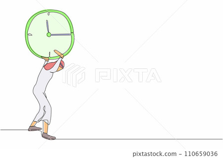 Single continuous line drawing Arab businessman carrying clock on his back. Stressed worker working under pressure to completed business project deadline. One line graphic design vector illustration 110659036