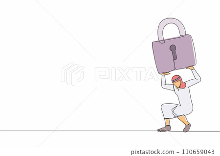Single one line drawing Arab businessman carrying heavy padlock on his back. Unemployment or debt problem or bankruptcy concept, depressed dying worker. Continuous line draw design vector illustration 110659043