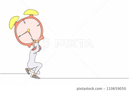 Continuous one line drawing Arabian businessman carrying heavy alarm clock on his back. Tired worker with work pressure or business project target. Single line draw design vector graphic illustration Continuous one line drawing Arabian businessman carrying heavy alarm clock on his back. Tired worker with work pressure or business project target. Single line draw design vector graphic illustration 110659050