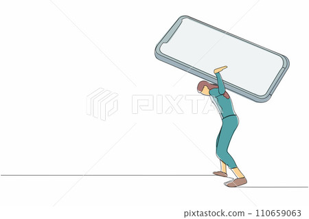 Single continuous line drawing of frustrated businesswoman carrying smartphone on her back. Depression, fatigue, mental stress due to overworked at office. One line graphic design vector illustration 110659063