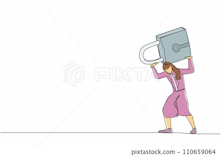 Single one line drawing frustrated businesswoman carrying padlock on her back. Business closing down or bankruptcy in Covid-19 pandemic lockdown crisis. Continuous line draw design vector illustration Single one line drawing frustrated businesswoman carrying padlock on her back. Business closing down or bankruptcy in Covid-19 pandemic lockdown crisis. Continuous line draw design vector illustration 110659064