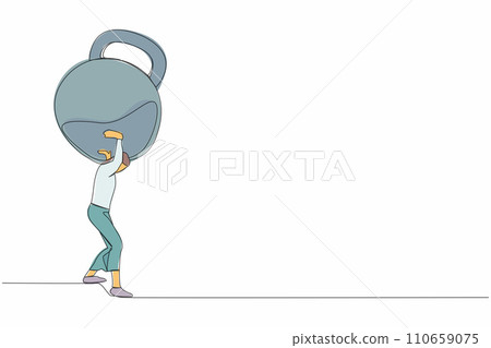 Single continuous line drawing frustrated businesswoman carrying kettlebell on her back. Financial crisis and credit payment. Mental stress, bankruptcy, debt. One line draw design vector illustration Single continuous line drawing frustrated businesswoman carrying kettlebell on her back. Financial crisis and credit payment. Mental stress, bankruptcy, debt. One line draw design vector illustration 110659075