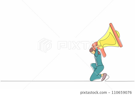 Single one line drawing frustrated businesswoman carrying megaphone on her back. Conflict and trouble in communication. Bullying, harassment at work. Continuous line design graphic vector illustration 110659076