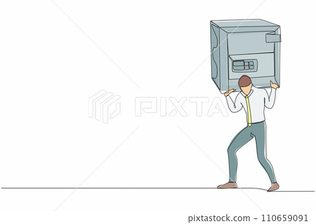 Single continuous line drawing exhausted businessman carrying heavy safe deposit box on his back. Money loss in COVID-19 crisis, worker with debt, bankruptcy. One line draw design vector illustration Single continuous line drawing exhausted businessman carrying heavy safe deposit box on his back. Money loss in COVID-19 crisis, worker with debt, bankruptcy. One line draw design vector illustration 110659091