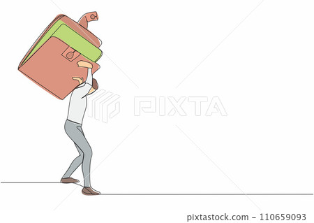 Single one line drawing exhausted businessman carrying heavy wallet on his back. Stressed worker bankrupt, no money. Financial crisis due to pandemic. Continuous line draw design vector illustration 110659093