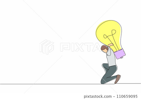 Single continuous line drawing exhausted businessman carrying heavy light bulb on his back. Uninspired or no idea after business failure, burnout in crisis. One line graphic design vector illustration 110659095
