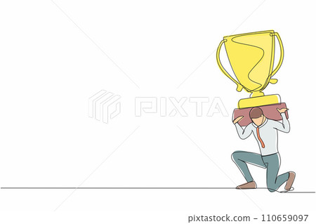 Continuous one line drawing exhausted businessman carrying heavy trophy on his back. Entrepreneur failed to win competition or business goals achievement. Single line draw design vector illustration 110659097