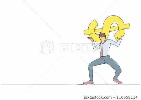 Single one line drawing exhausted businessman carrying heavy dollar symbol on his back. Overworked worker with debt pressure. Financial crisis problem. Continuous line draw design vector illustration 110659114