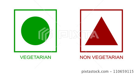 Vegetarian and non-vegetarian symbols. Sticker templates for vegan and non-vegan food. Green circle and red triangle in square frames isolated on white background. Vector flat illustration 110659115