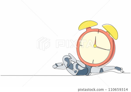 Single one line drawing stressed robot under heavy alarm clock burden. Work pressure at tech business project. Modern robotic artificial intelligence. Continuous line draw design vector illustration Single one line drawing stressed robot under heavy alarm clock burden. Work pressure at tech business project. Modern robotic artificial intelligence. Continuous line draw design vector illustration 110659314