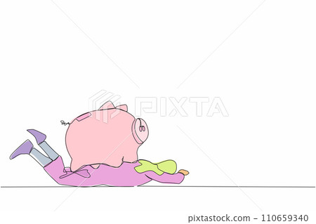 Single one line drawing Arabian businesswoman under heavy piggy bank burden. Executive manager with financial problems. Losing money in economic crisis. Continuous line draw design vector illustration 110659340