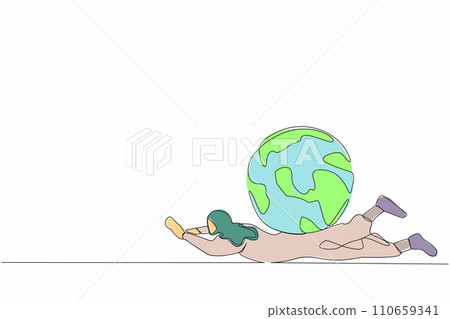 Continuous one line drawing Arabian businesswoman under heavy globe burden. Global warming responsibility, world leader commitment to take care our planet. Single line draw design vector illustration 110659341