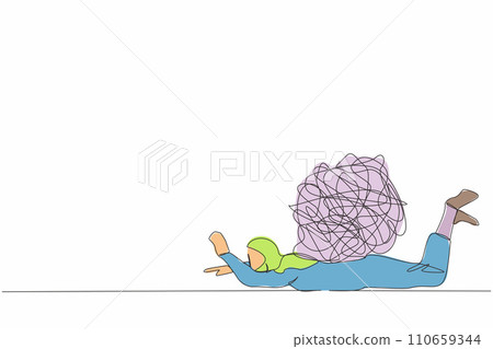 Continuous one line drawing Arabian businesswoman under heavy messy line burden. Stress burden, anxiety from work difficulty, overload, economic crisis problem. Single line design vector illustration 110659344