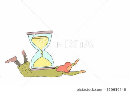 Single continuous line drawing of Arabian businesswoman under heavy hourglass burden. Unhappy office clerk has time management problems. Work overload. One line draw graphic design vector illustration Single continuous line drawing of Arabian businesswoman under heavy hourglass burden. Unhappy office clerk has time management problems. Work overload. One line draw graphic design vector illustration 110659346