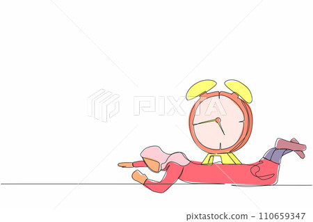 Single one line drawing Arabian businesswoman under heavy alarm clock burden. Pressure to complete work deadlines. Stressed worker because lot of work. Continuous line draw design vector illustration 110659347
