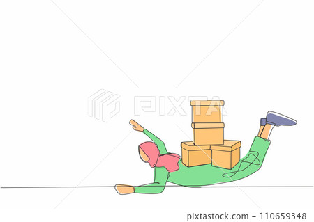 Continuous one line drawing Arab businesswoman under heavy pile of box burden. Overworked man with stacks of cardboard. Stress at work. Bureaucracy. Single line draw design vector graphic illustration Continuous one line drawing Arab businesswoman under heavy pile of box burden. Overworked man with stacks of cardboard. Stress at work. Bureaucracy. Single line draw design vector graphic illustration 110659348