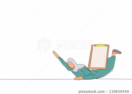 Single one line drawing Arabian businesswoman under heavy clipboard burden. Busy work with checklist document, overworked from overload tasks. Continuous line draw design graphic vector illustration Single one line drawing Arabian businesswoman under heavy clipboard burden. Busy work with checklist document, overworked from overload tasks. Continuous line draw design graphic vector illustration 110659349