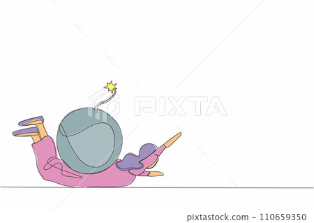 Single one line drawing Arabian businesswoman under heavy bomb burden. Entrepreneur stress due to debt explosion. World economic crisis problem. Continuous line draw design graphic vector illustration Single one line drawing Arabian businesswoman under heavy bomb burden. Entrepreneur stress due to debt explosion. World economic crisis problem. Continuous line draw design graphic vector illustration 110659350
