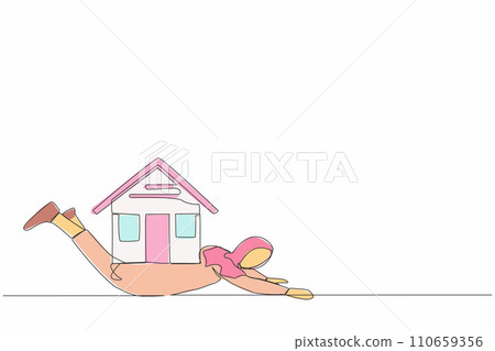 Continuous one line drawing Arabian businesswoman under heavy house burden. Financial mortgage, need pay taxes expenses. Bank loan. Lease, finance. Single line draw design vector graphic illustration Continuous one line drawing Arabian businesswoman under heavy house burden. Financial mortgage, need pay taxes expenses. Bank loan. Lease, finance. Single line draw design vector graphic illustration 110659356