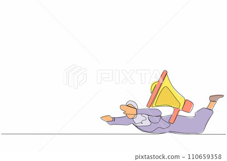 Single continuous line drawing Arabian businesswoman under heavy megaphone burden. Troubles in communication. Bullying, harassment at work, families. One line draw graphic design vector illustration 110659358