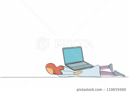 Continuous one line drawing Arabian businesswoman under heavy laptop computer burden. Tired or exhausted worker due to work pressure, burnout at office. Single line design vector graphic illustration 110659360