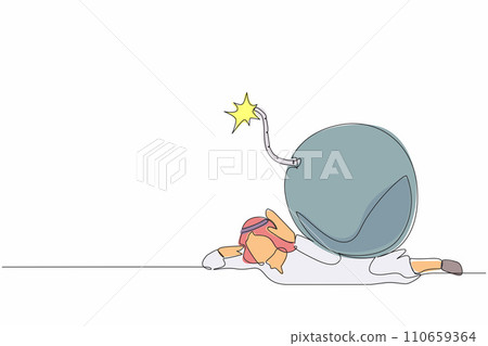 Single continuous line drawing Arabian businessman under heavy bomb burden. Office employee stress due to debt explosion. Financial crisis problem. Dynamic one line graphic design vector illustration 110659364