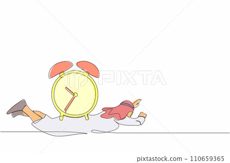 Continuous one line drawing of Arabian businessman under heavy alarm clock burden. Stressed employee with work pressure or business project target. Single line draw design vector graphic illustration 110659365