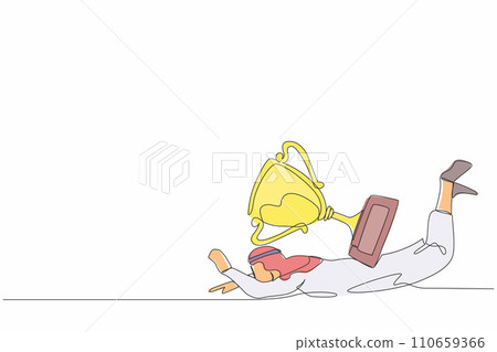 Single continuous line drawing Arabian businessman under heavy trophy burden. Young male worker fail to achieve goals. Delayed career path at office. One line draw graphic design vector illustration 110659366