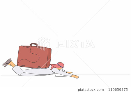 Continuous one line drawing Arabian businessman under heavy briefcase burden. Anxiety from work and overload. Pressure from too much responsibility. Single line draw design vector graphic illustration 110659375