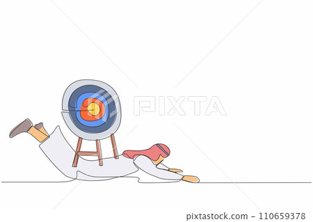 Continuous one line drawing Arabian businessman under heavy target burden. Hard work achieve business mission. Exhausted challenge to win higher target. Single line design vector graphic illustration 110659378