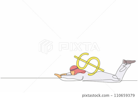 Continuous one line drawing Arabian businessman under heavy dollar symbol burden. Overworked or overloaded worker due to economic crisis, debt pressure. Single line design vector graphic illustration 110659379