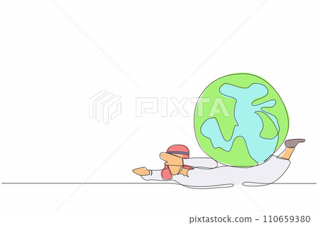 Single continuous line drawing Arab businessman under heavy globe burden. Natural resources, earth exploitation, industrial pollution. World economic crisis. One line draw design vector illustration 110659380