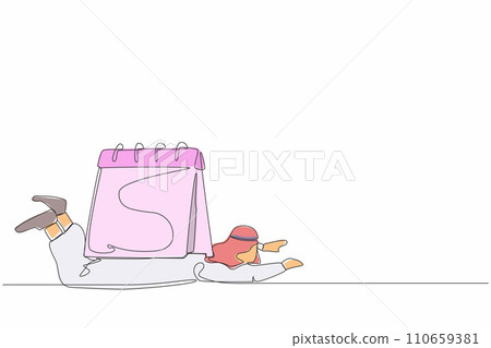 Single one line drawing Arabian businessman under heavy calendar burden. Tired employee worker with work problem. Stressful job with deadline. Continuous line draw design graphic vector illustration Single one line drawing Arabian businessman under heavy calendar burden. Tired employee worker with work problem. Stressful job with deadline. Continuous line draw design graphic vector illustration 110659381