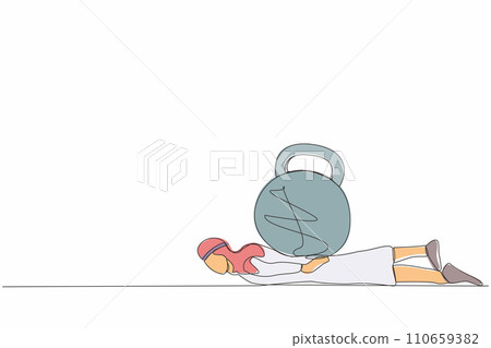 Single continuous line drawing Arab businessman under heavy kettlebell burden. Financial crisis and credit payment. Business, mental stress, bankruptcy, debt. One line draw design vector illustration 110659382