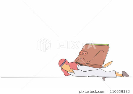 Single continuous line drawing Arab businessman under heavy wallet burden. Tired hard working office employee. Financial and economic crisis. Dynamic one line draw graphic design vector illustration Single continuous line drawing Arab businessman under heavy wallet burden. Tired hard working office employee. Financial and economic crisis. Dynamic one line draw graphic design vector illustration 110659383