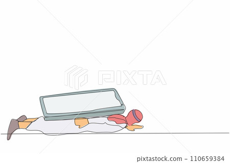 Continuous one line drawing of Arabian businessman under heavy smartphone burden. Depression, fatigue, mental stress, frustration due to overworked. Single line draw design vector graphic illustration Continuous one line drawing of Arabian businessman under heavy smartphone burden. Depression, fatigue, mental stress, frustration due to overworked. Single line draw design vector graphic illustration 110659384