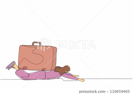 Continuous one line drawing unhappy businesswoman under heavy briefcase burden. Difficulty business task. Pressure workload. Anxiety from work and overload. Single line draw design vector illustration 110659405